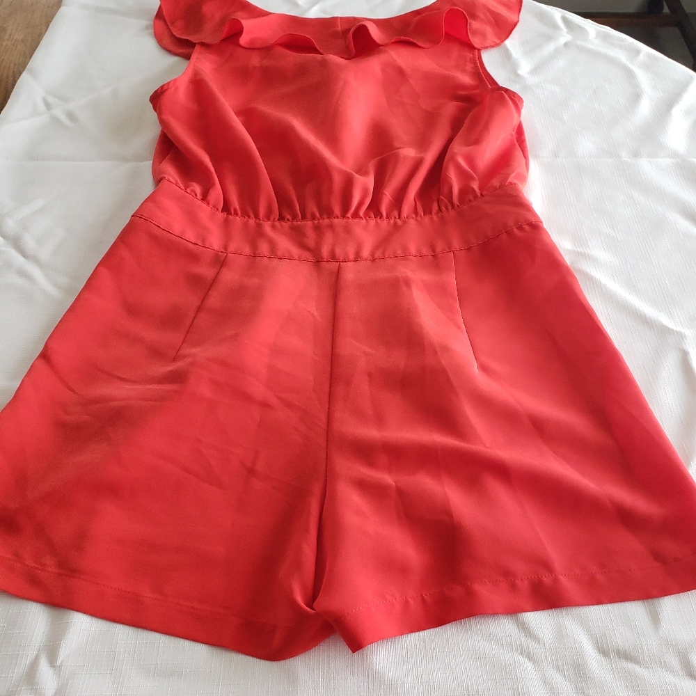 Pins And Needles Romper Shorts Mini V neck pockets Ruffled Red Summer - Picture 5 of 11